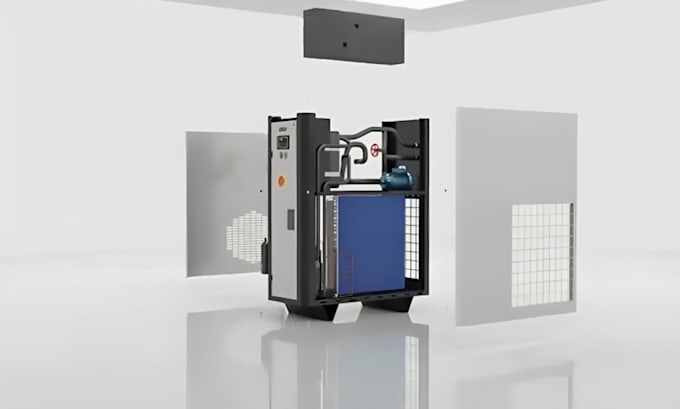 create 3d manufacturing process animation, industrial machine, factory explainer