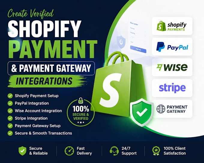 create verified shopify payment,paypal,wise,stripe integatons,payment gateway