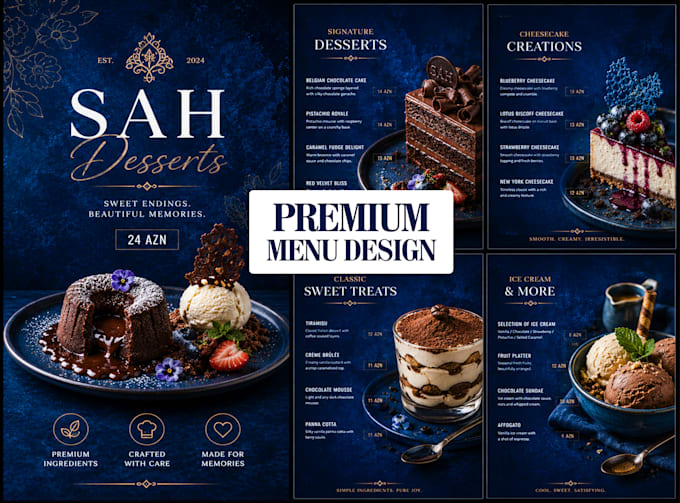 create a premium restaurant menu, fine dining and hotel menu