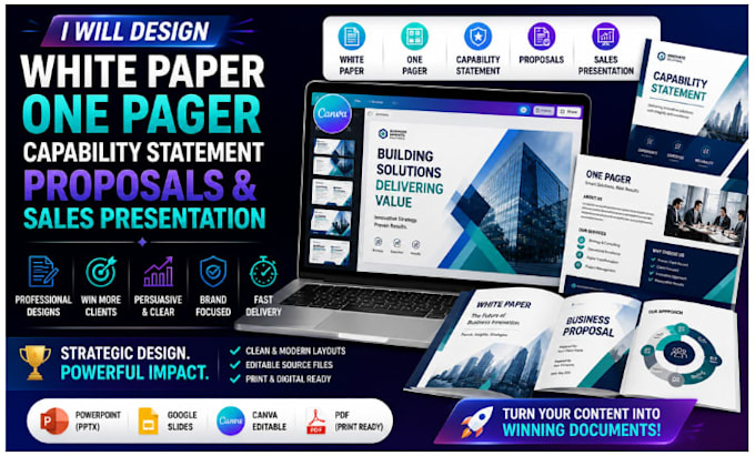 design white paper, one pager, capability statement business proposal sales deck
