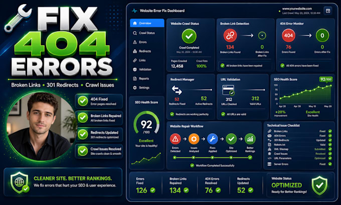 fix 404 errors, broken links, 301 redirects and website crawl issues