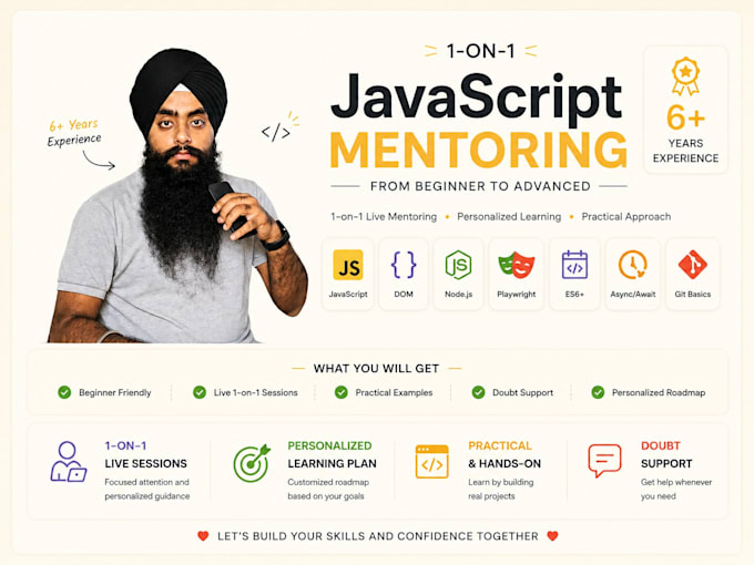 teach javascript from beginner to advanced with 1 on 1 mentoring react vue