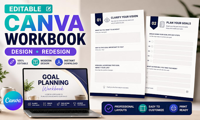 design canva workbook, editable PDF workbook and canva workbook layout design
