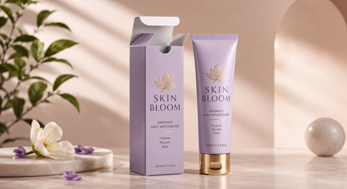 create packaging design for skincare brand with 3d mockup
