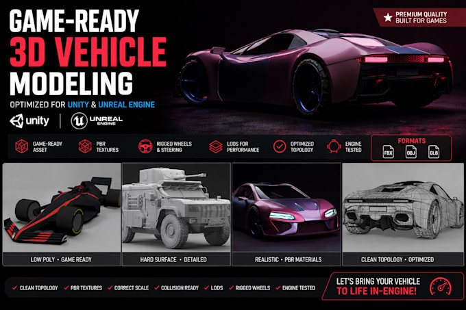 create game ready 3d car models, 3d vehicle assets for unity and unreal engine