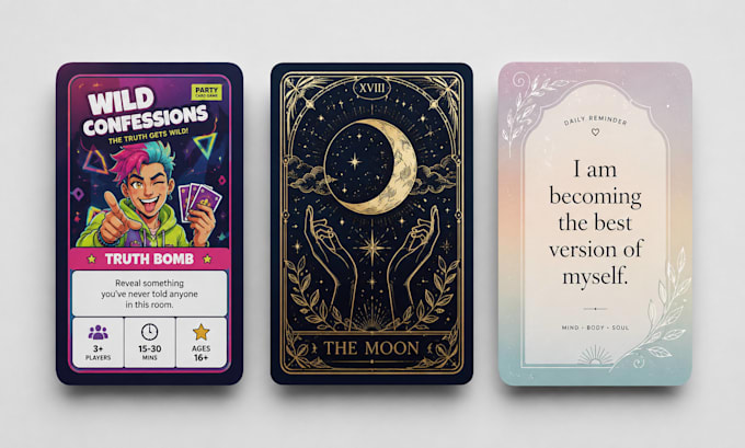 design custom tarot cards, affirmation deck, party card game