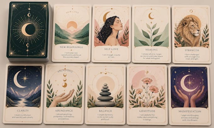 design custom tarot cards, oracle cards and print ready affirmation decks box