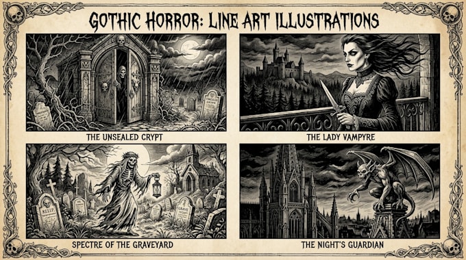 draw horror and gothic line art illustrations