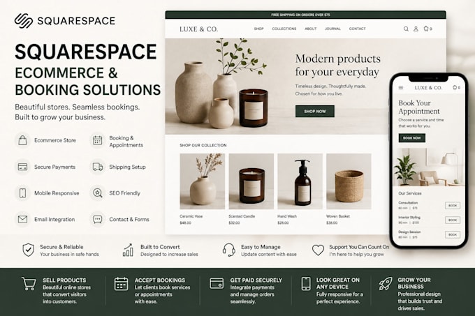 build squarespace ecommerce store, booking and online shop website, squarespace