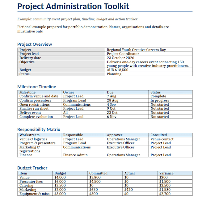 create a project plan, timeline, budget and action tracker
