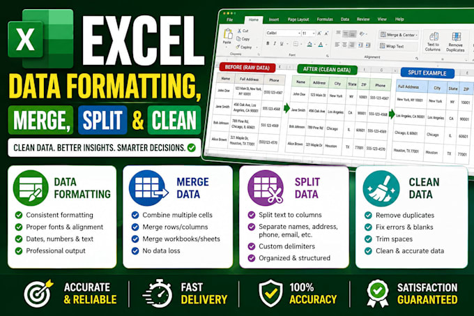 clean, format, split, merge excel data