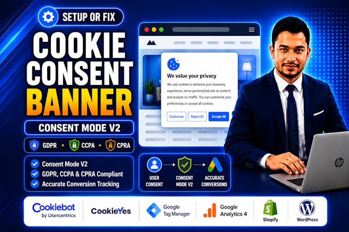 setup or fix cookie consent banner, cookie consent mode v2 with GTM, cookies,