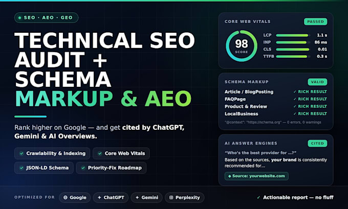 do technical SEO audit with schema markup and aeo