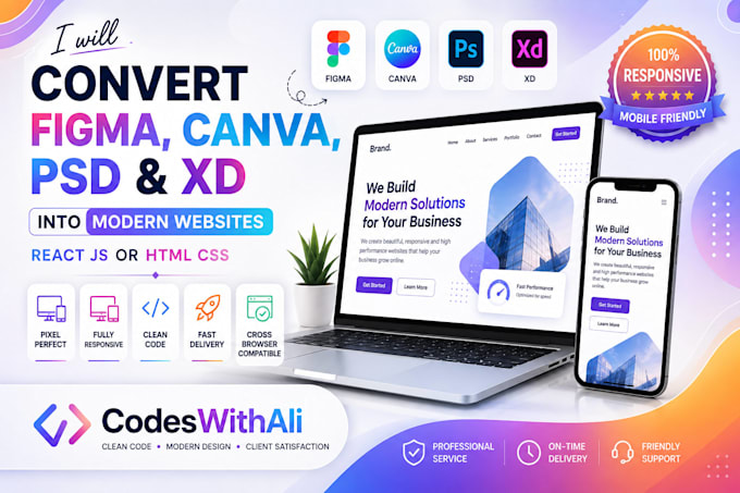 convert figma, canva, PSD or xd to responsive react, HTML website