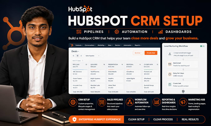 set up hubspot CRM with pipelines, workflows and automation
