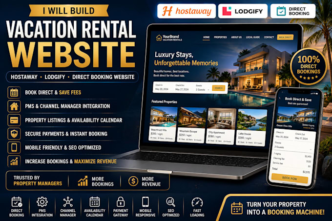 build vacation rental website, hostaway, str lodgify and direct booking website