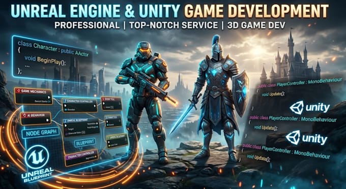 develop unity and unreal engine games with custom blueprints