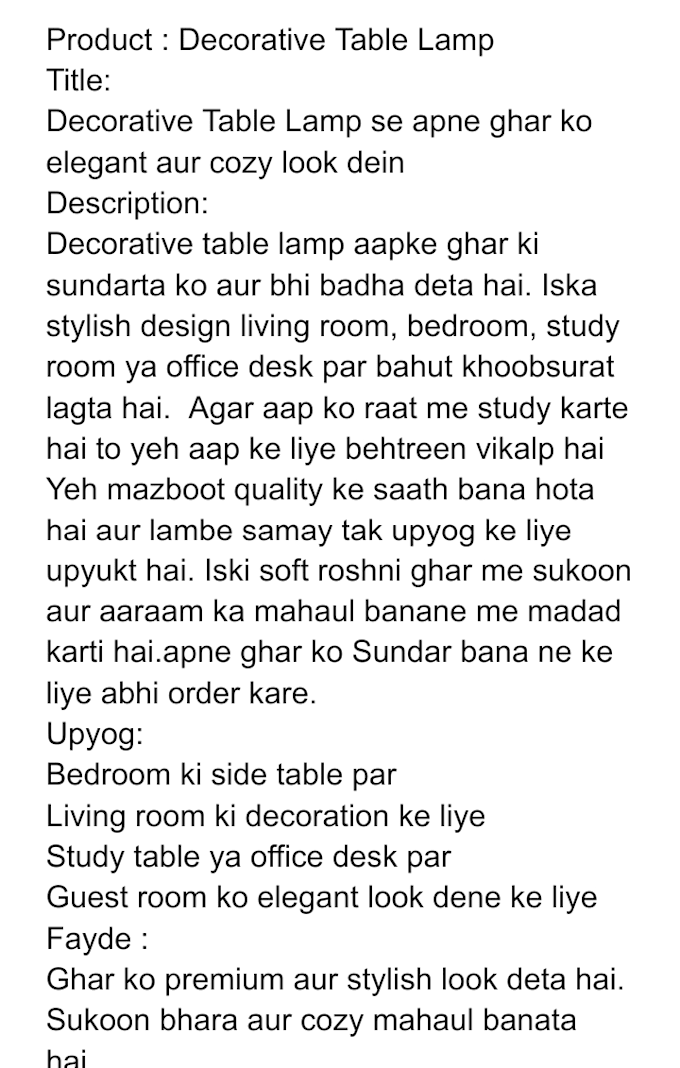 write SEO optimized hindi product descriptions