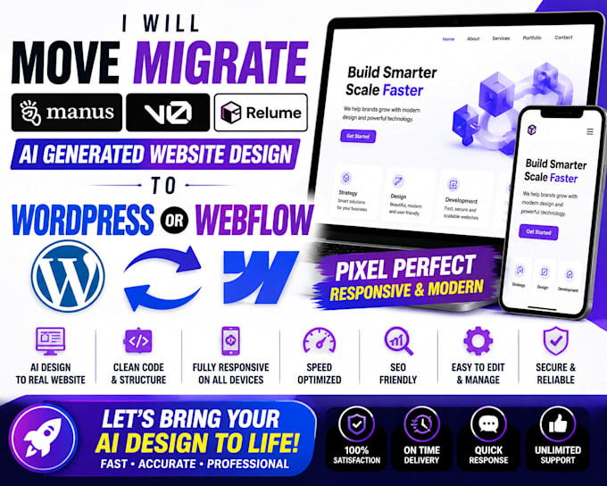 transfer migrate manus v0 relume ai generate website design to wordpress webflow