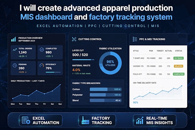 create garment factory excel dashboard cutting to shipment with ot payroll