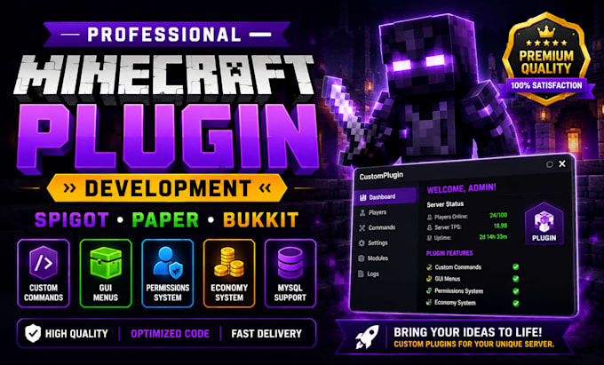 develop custom minecraft plugins for spigot, paper and bukkit