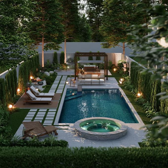 do landscape garden design, backyard, pool, patio