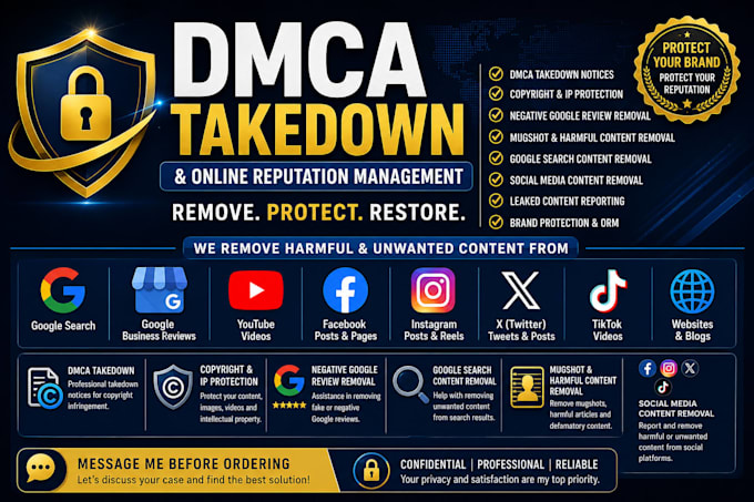 remove fb,instagram,tiktok,yt,article,amazon,shopify,google negative links dmca