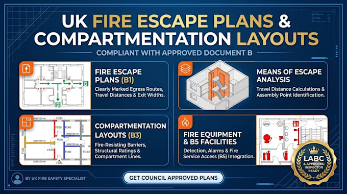 draw fire escape plans and compartmentation layouts for UK building regulations