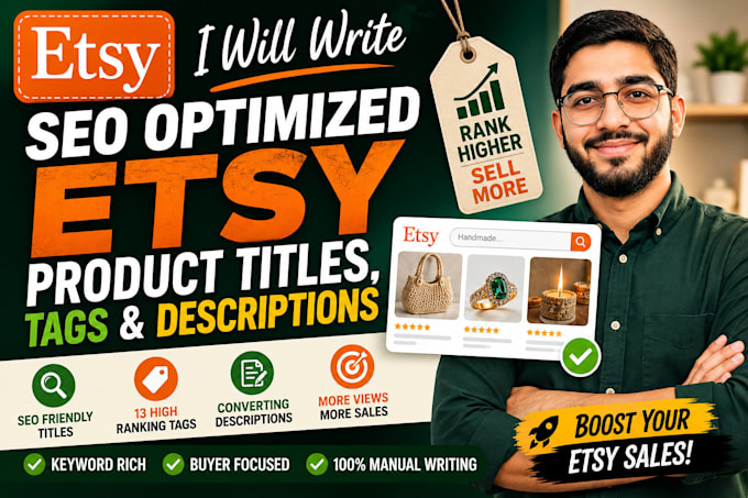 write SEO optimized etsy product titles, tags and descriptions