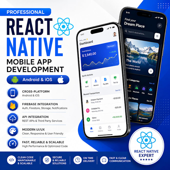 develop a professional react native mobile app for android and ios