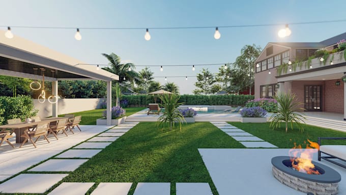design backyard landscape, garden, pool, patio