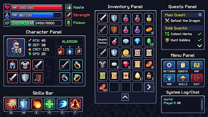 design pixel art UI, hud, icons and game interface