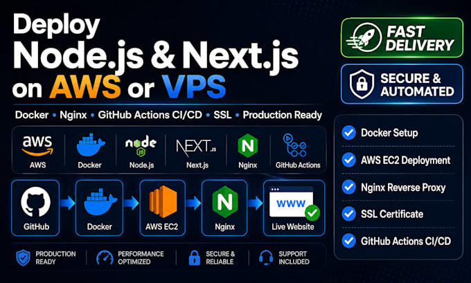 deploy nodejs nextjs app with docker nginx and ci cd on AWS vps