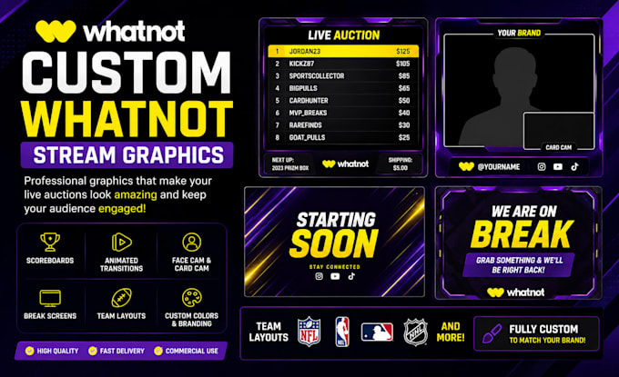 design custom whatnot overlays, scoreboards and animated transitions