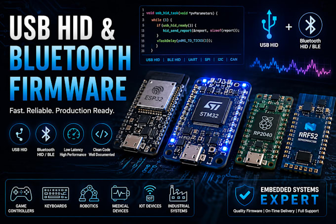develop usb hid bluetooth firmware for stm32 esp32 rp2040 nrf52