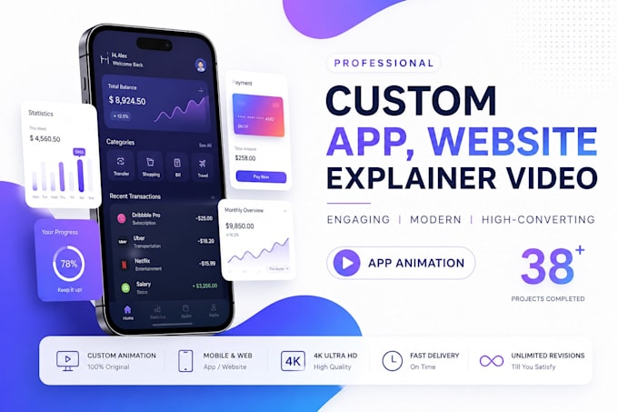 create mobile app explainer video, app promo, UI animation, fintech product demo