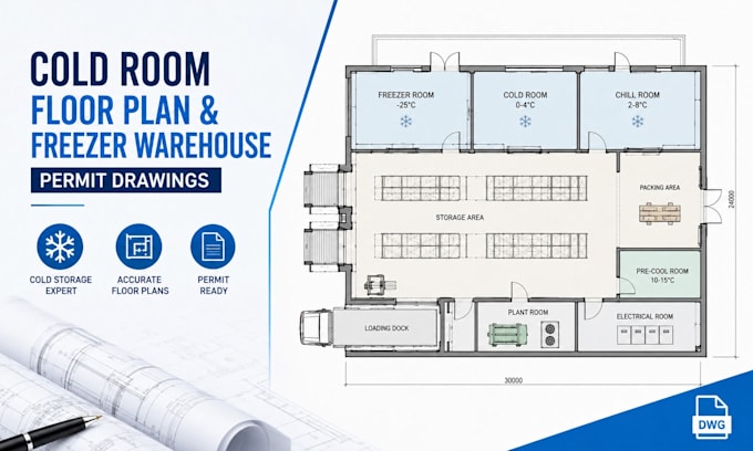 design cold room floor plan, freezer warehouse and permit drawings