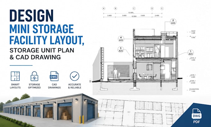 design mini storage facility layout, storage unit plan and cad drawing