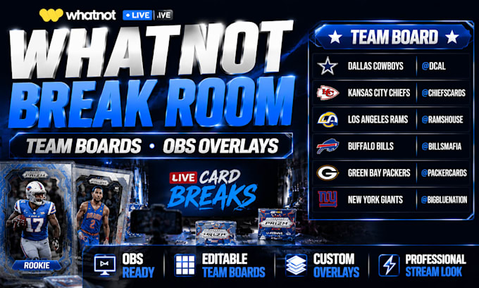 create whatnot card break overlays, team boards and obs graphics