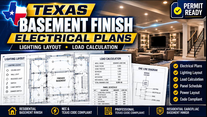 prepare texas basement finish electrical plans lighting layout load calculation