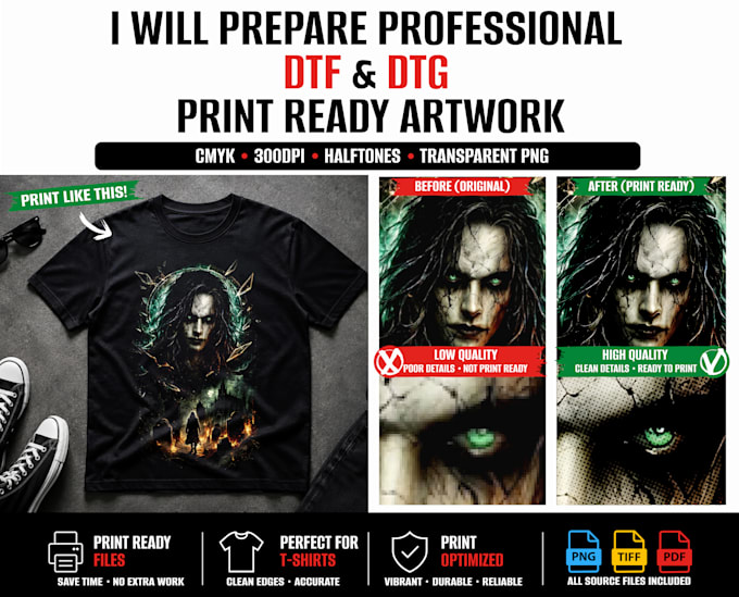 prepare professional dtf and dtg print ready artwork