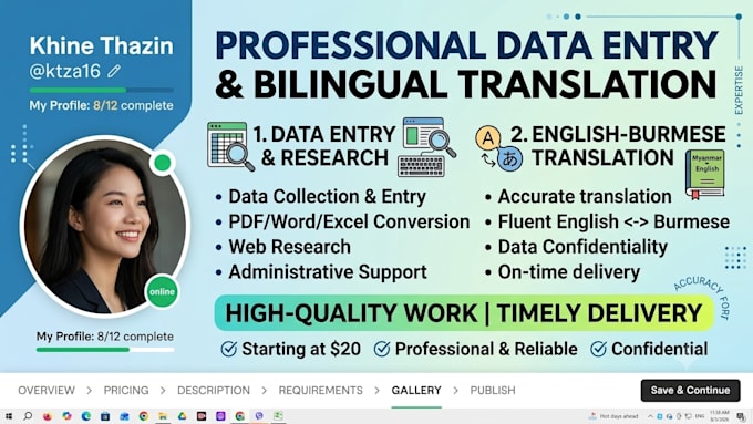 do excel data entry and english to burmese translation