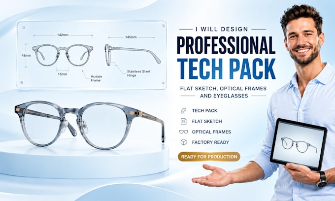 design professional tech pack, flat sketch, optical frames and eyeglasses