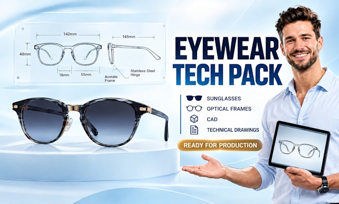 design eyewear tech pack, sunglasses, optical frames, cad, technical drawings