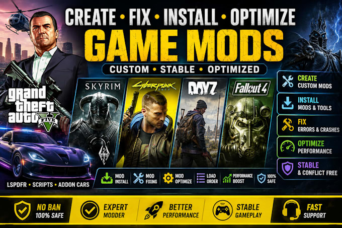 create fix install optimize gta 5 cyberpunk 2077 skyrim dayz mod fallout 4 mods
