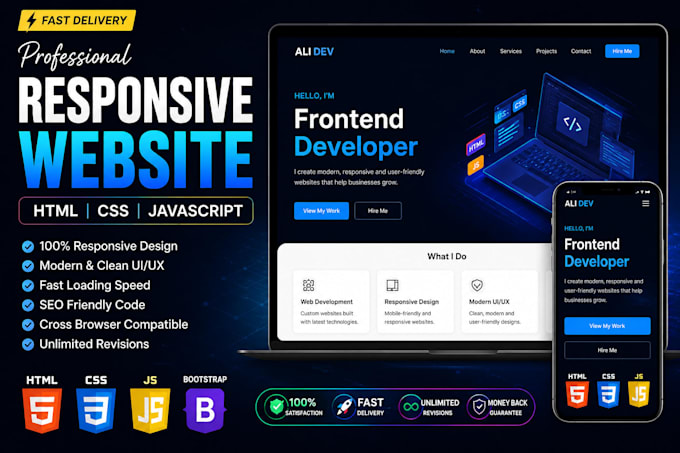 create a responsive HTML CSS javascript portfolio website