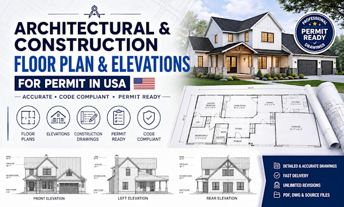 draw architectural and construction floor plan, elevations for permit in USA