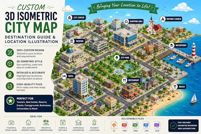 custom 3d isometric city map, destination guide, and location illustration