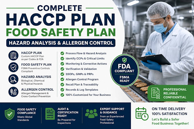 write a full haccp plan, food safety plan, hazard analysis, and allergen control