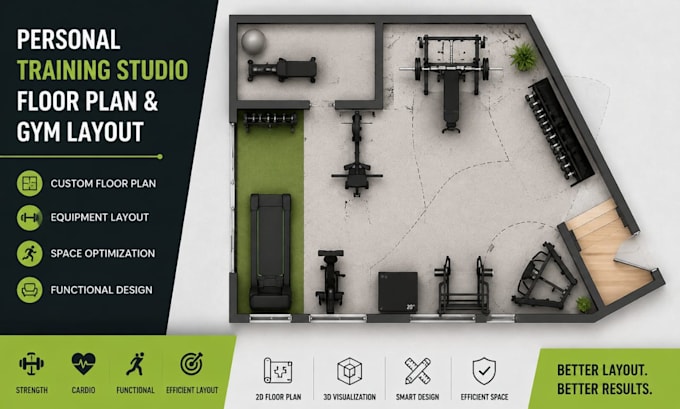 design personal training gym floor plan, studio layout and interior design